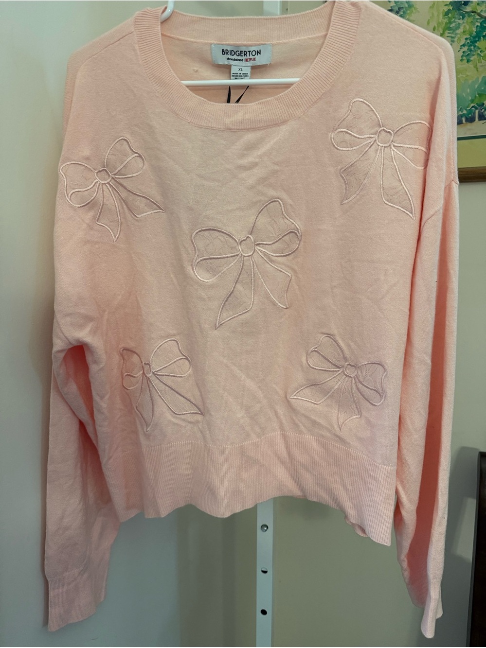 Bridgerton Lace Bow Appliqué Pink Sweater. DAMAGED. Size XL
